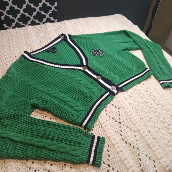 Forever 21 Sweaters - Forever 21 Green Cable Knit 1X Sweater Stripe Academia Varsity‎ Cardigan Prep